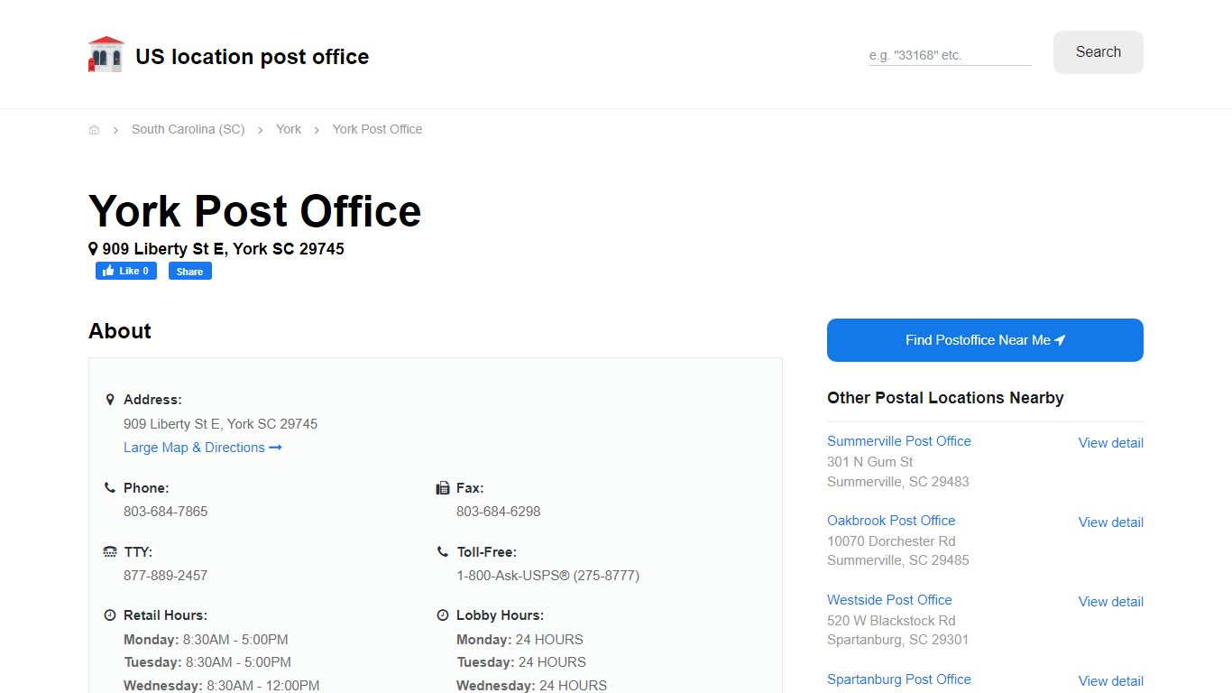 York Post Office, SC 29745 - Hours Phone Service and Location