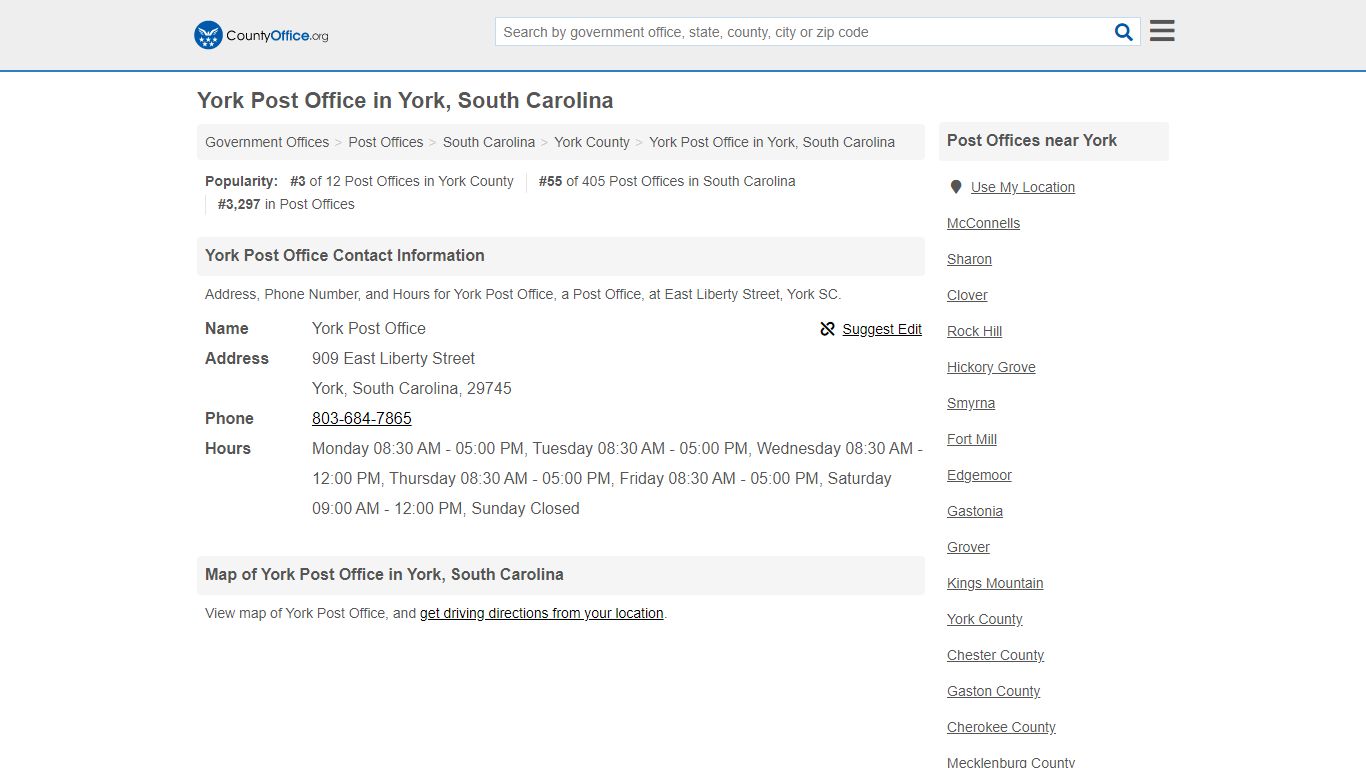 York Post Office - York, SC (Address, Phone, and Hours)